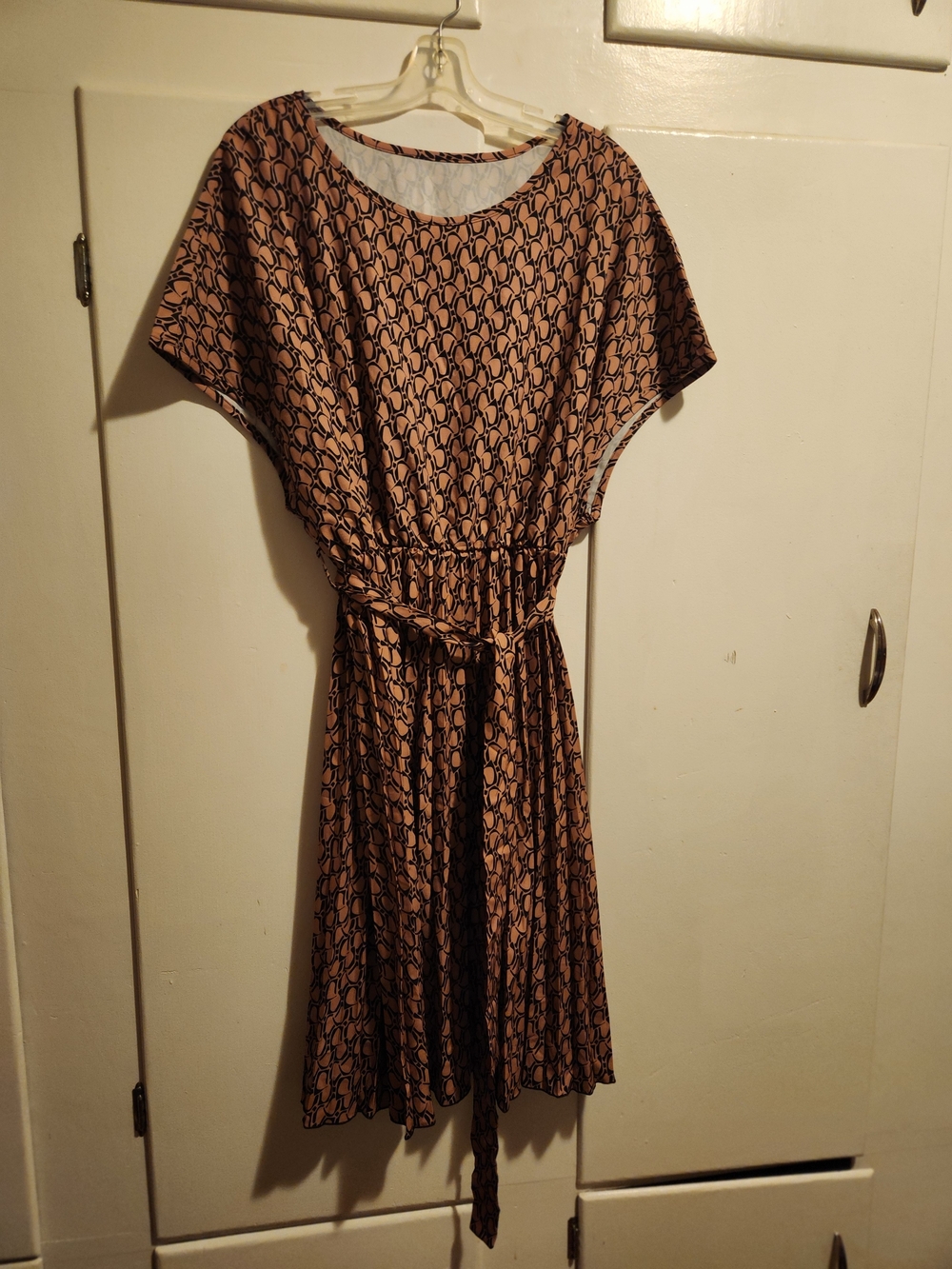 Women's Tan Patterned Belted Midi Dress